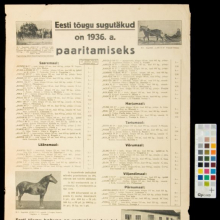 1936.a plakat/kuulutus

Plakat Eesti tõugu sugutäkud 1936.a. paaritamiseks, HKM _ 5415:2 A 4600, Hiiumaa Muuseumid SA, http://www.muis.ee/museaalview/192116